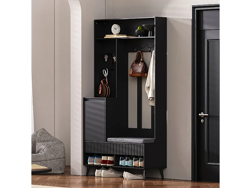 Ensemble de meubles d'entrée 100x35x180 cm avec tiroirs et portes de rangement Matériau MDF en noir pour Salon et couloir