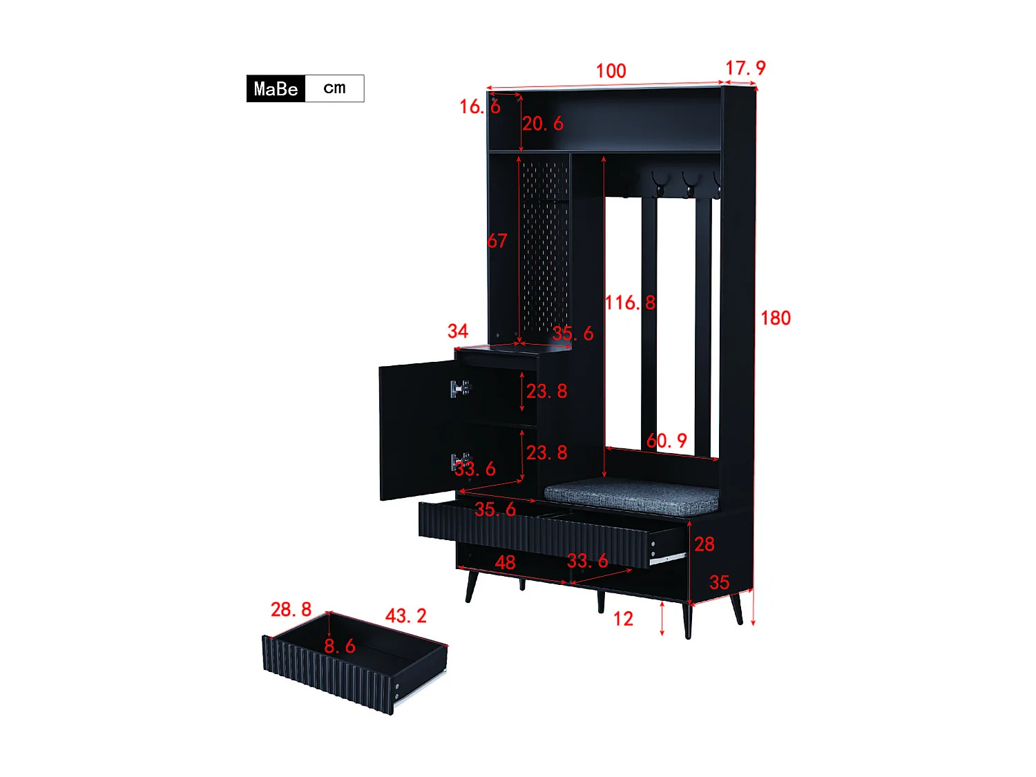 Ensemble de meubles d'entrée 100x35x180 cm avec tiroirs et portes de rangement Matériau MDF en noir pour Salon et couloir