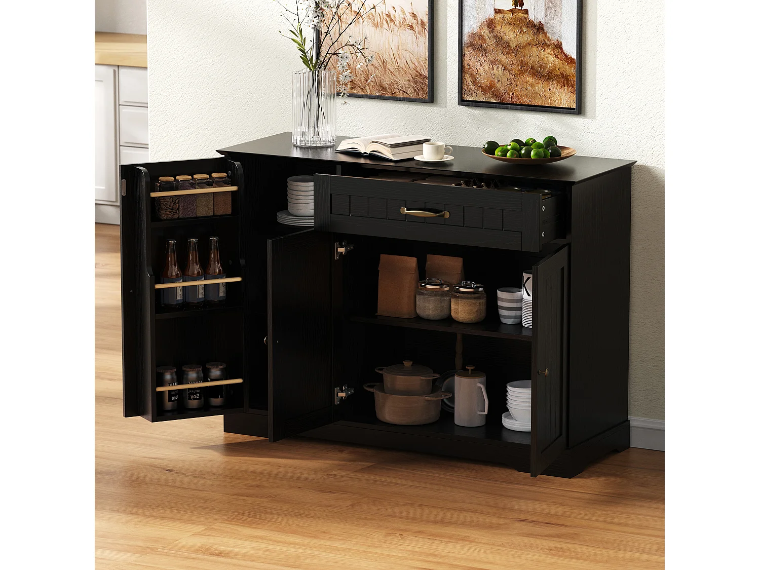 Buffet 4 portes et 1 tiroir, étagères réglables, grande ouverture, MDF, noir