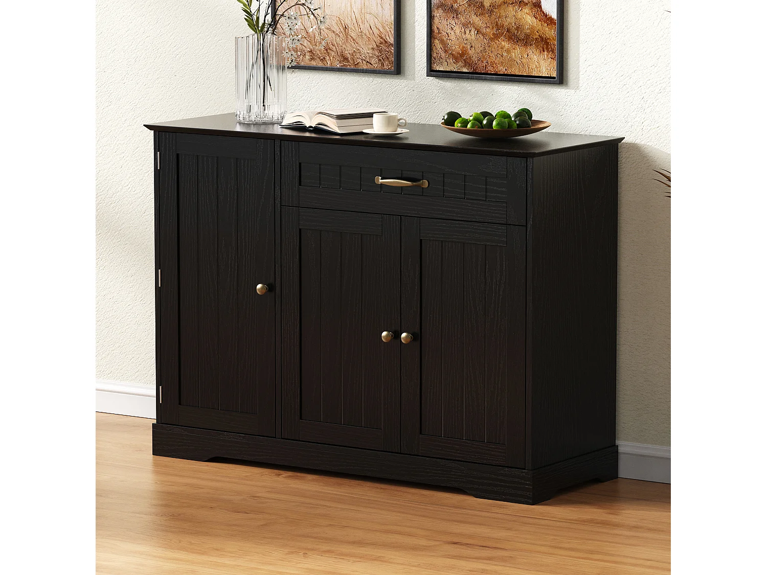 Buffet 4 portes et 1 tiroir, étagères réglables, grande ouverture, MDF, noir