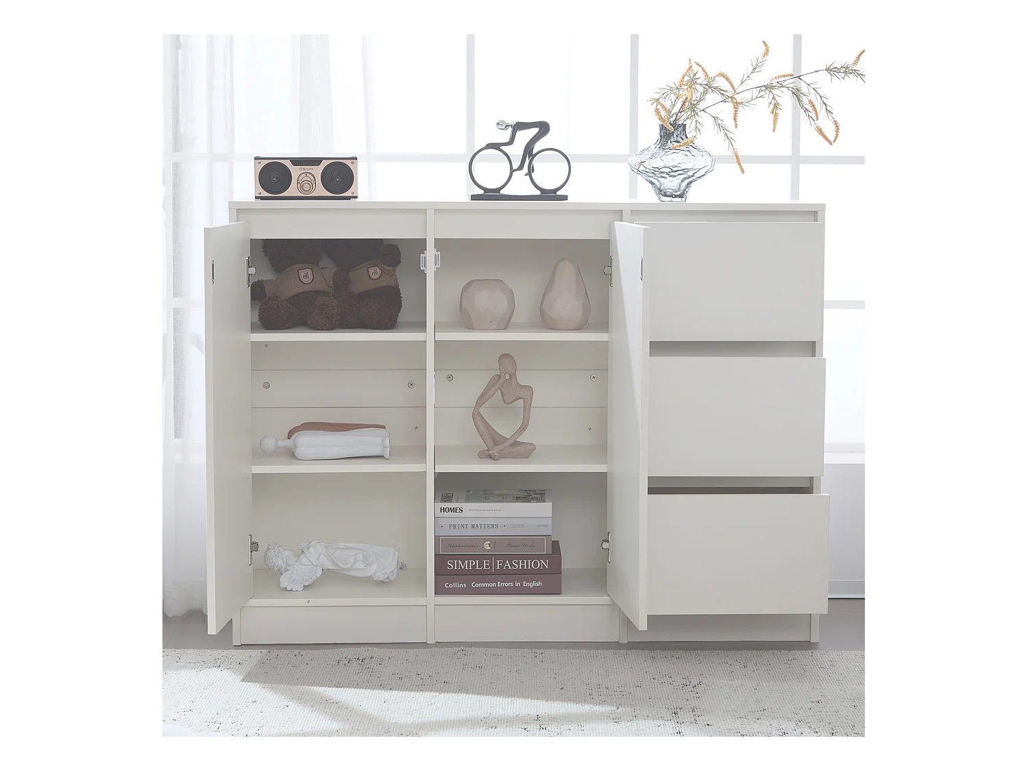 Dressoir 120x35x90 cm met lades en verstelbare planken, spaanplaat in wit, voor woonkamer