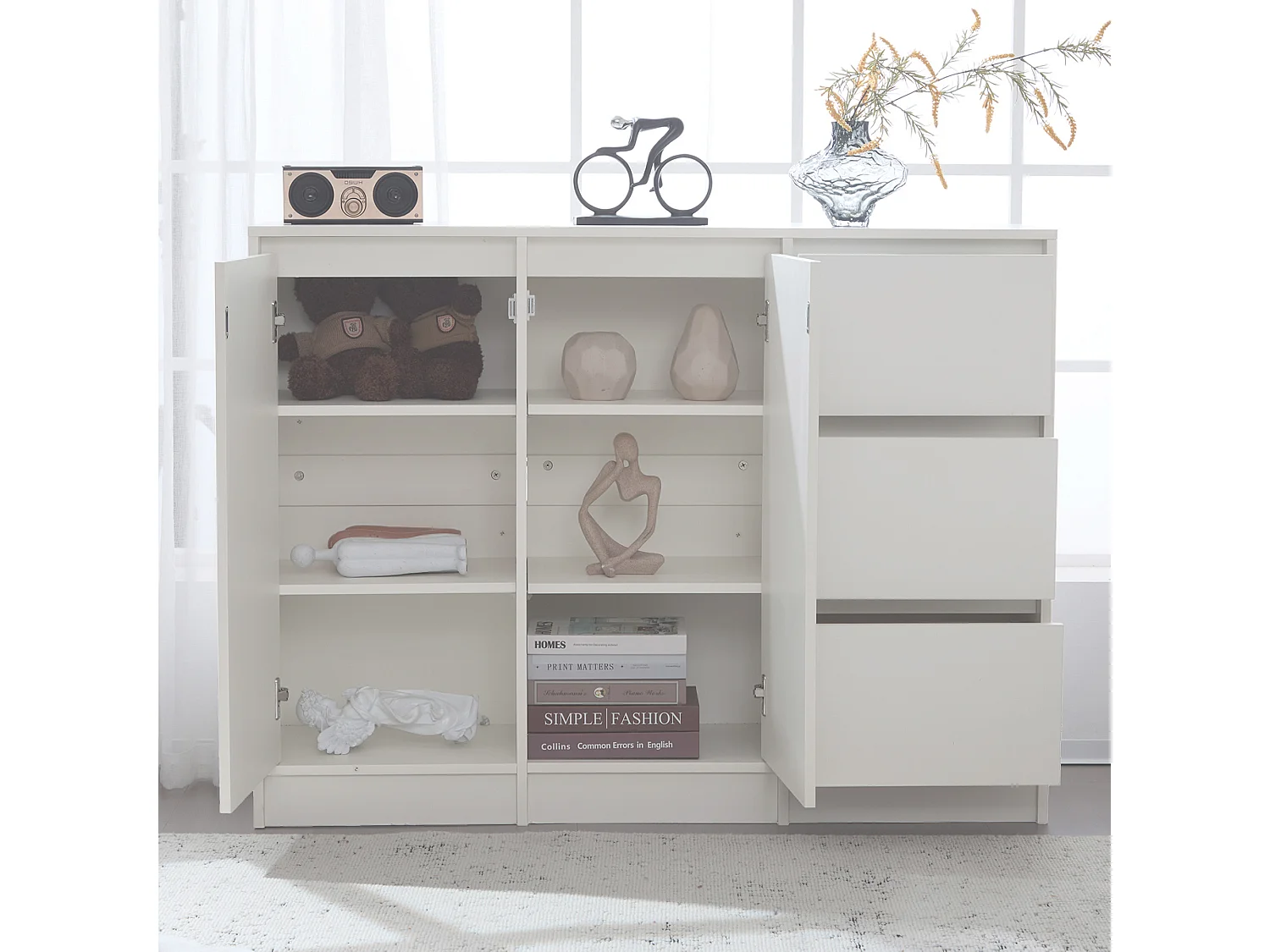 Buffet 120x35x90 cm, grand espace de rangement, charnières amorties, étagère réglable, panneaux de particules, blanc