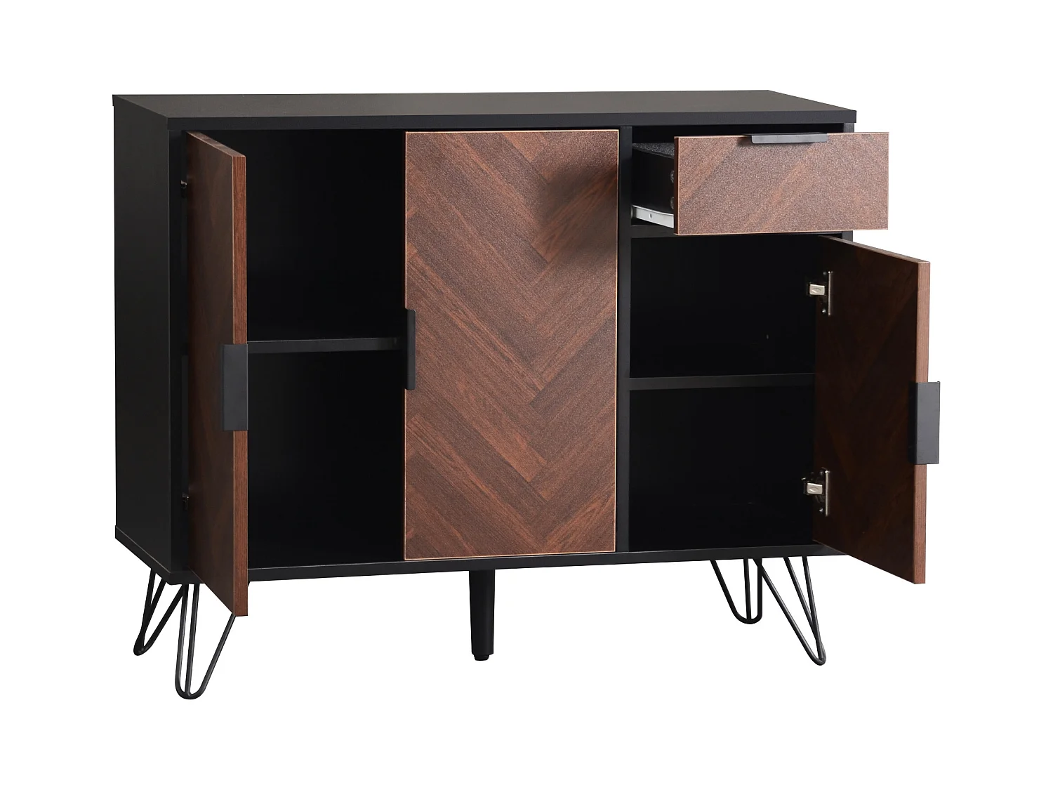 Buffet 90x30x71.5 cm avec tiroirs et étagères réglables panneaux de particules en Couleurs noires et naturelles pour salon