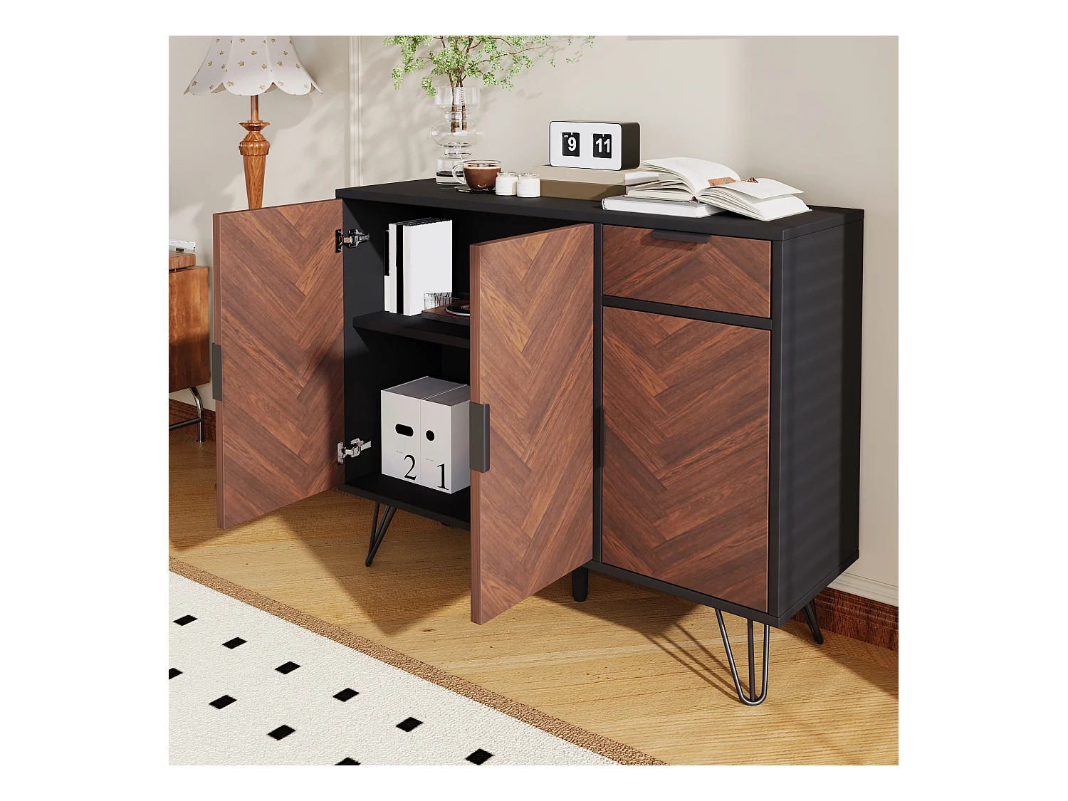 Buffet 90x30x71.5 cm avec tiroirs et étagères réglables panneaux de particules en Couleurs noires et naturelles pour salon