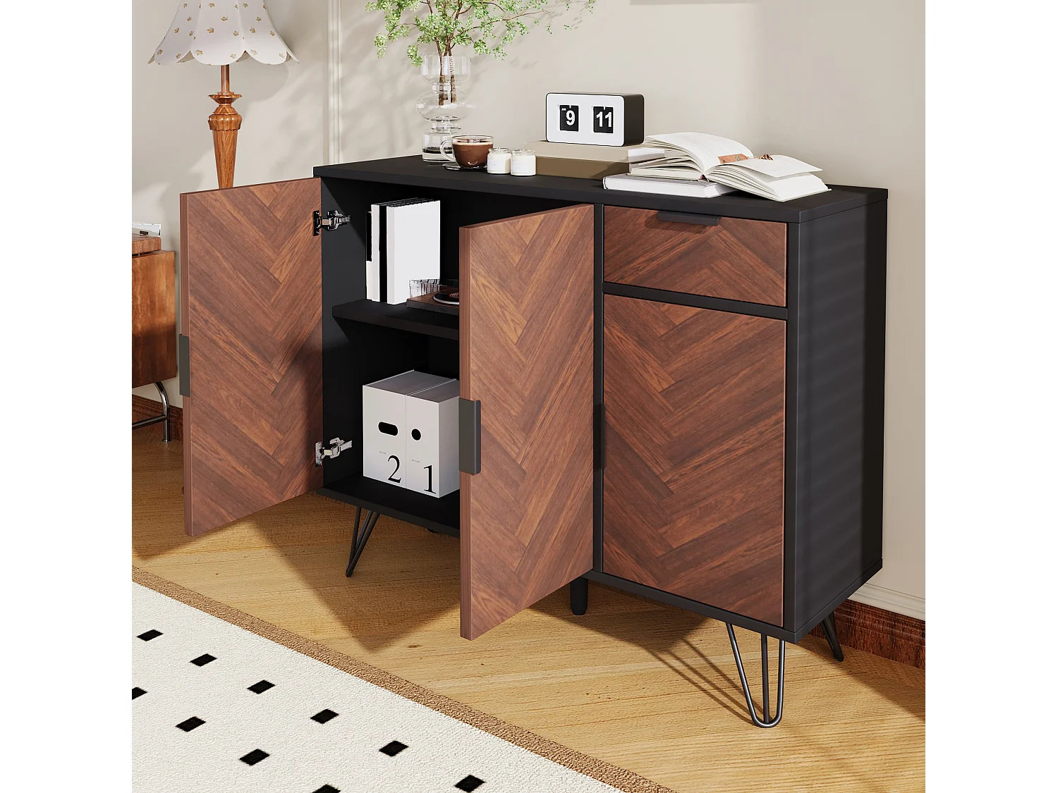 Buffet 90x30x71.5 cm avec tiroirs et étagères réglables panneaux de particules en Couleurs noires et naturelles pour salon