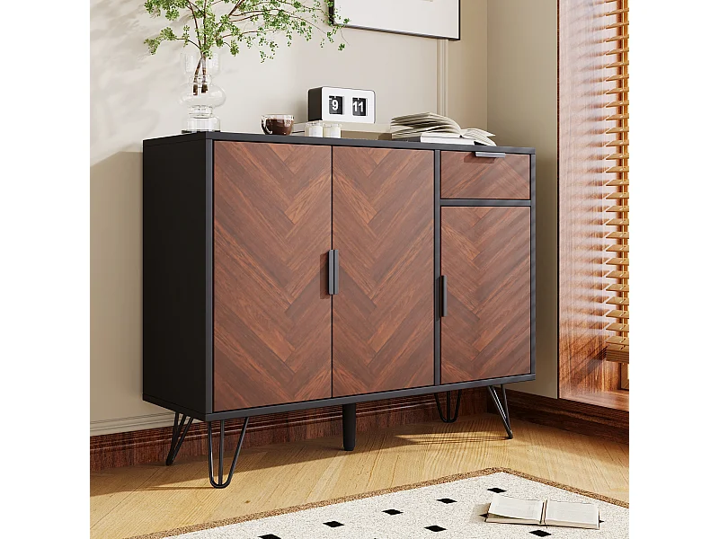 Buffet 90x30x71.5 cm avec tiroirs et étagères réglables panneaux de particules en Couleurs noires et naturelles pour salon