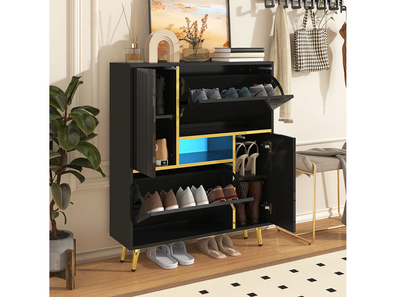 Meuble à chaussures 80x25x96 cm avec cloisons réglables et bande lumineuse LED en noir pour salon