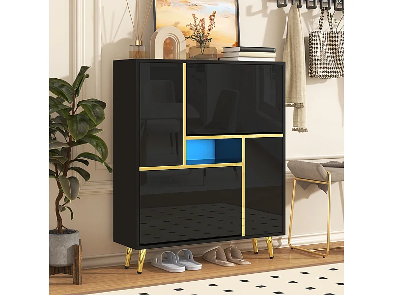 Meuble à chaussures 80x25x96 cm avec cloisons réglables et bande lumineuse LED en noir pour salon