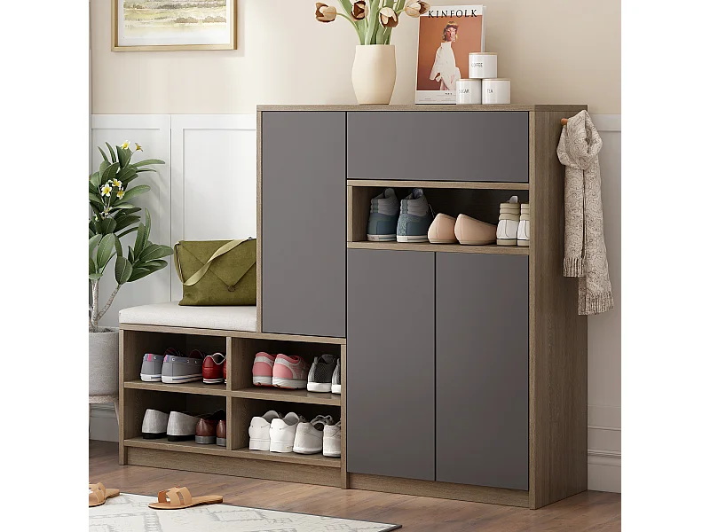 Meuble à chaussures 140x35x110 cm avec banc et séparateurs réglables Panneaux de particules en gris pour salon