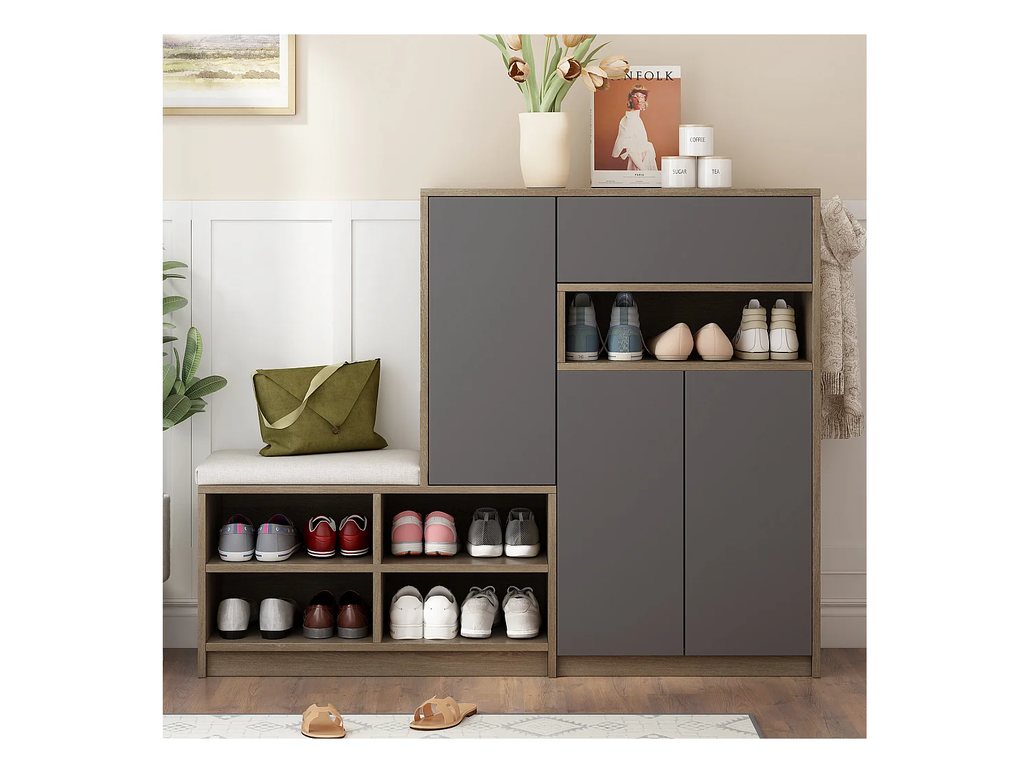 Meuble à chaussures 140x35x110 cm avec banc et séparateurs réglables Panneaux de particules en gris pour salon