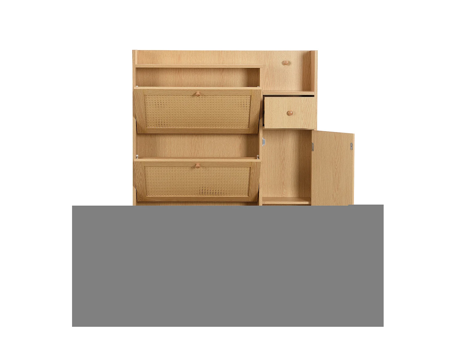 Schoenenkast 90x17x125 cm met drie klapdeuren en één lade. Gemaakt van MDF. Naturel. Voor in de woonkamer.