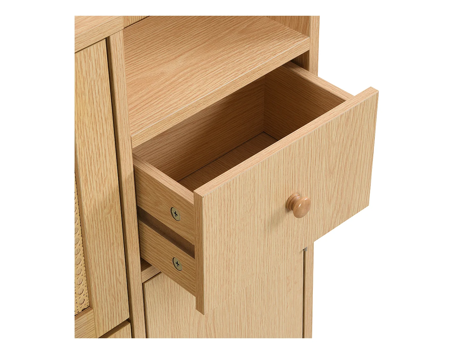 Schoenenkast 90x17x125 cm met drie klapdeuren en één lade. Gemaakt van MDF. Naturel. Voor in de woonkamer.