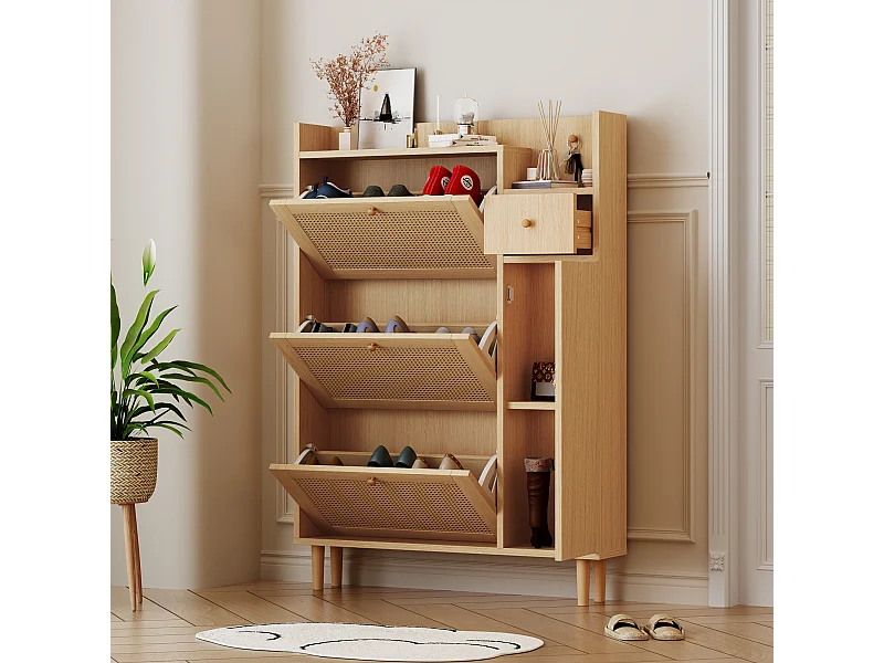 Schoenenkast 90x17x125 cm met drie klapdeuren en één lade. Gemaakt van MDF. Naturel. Voor in de woonkamer.