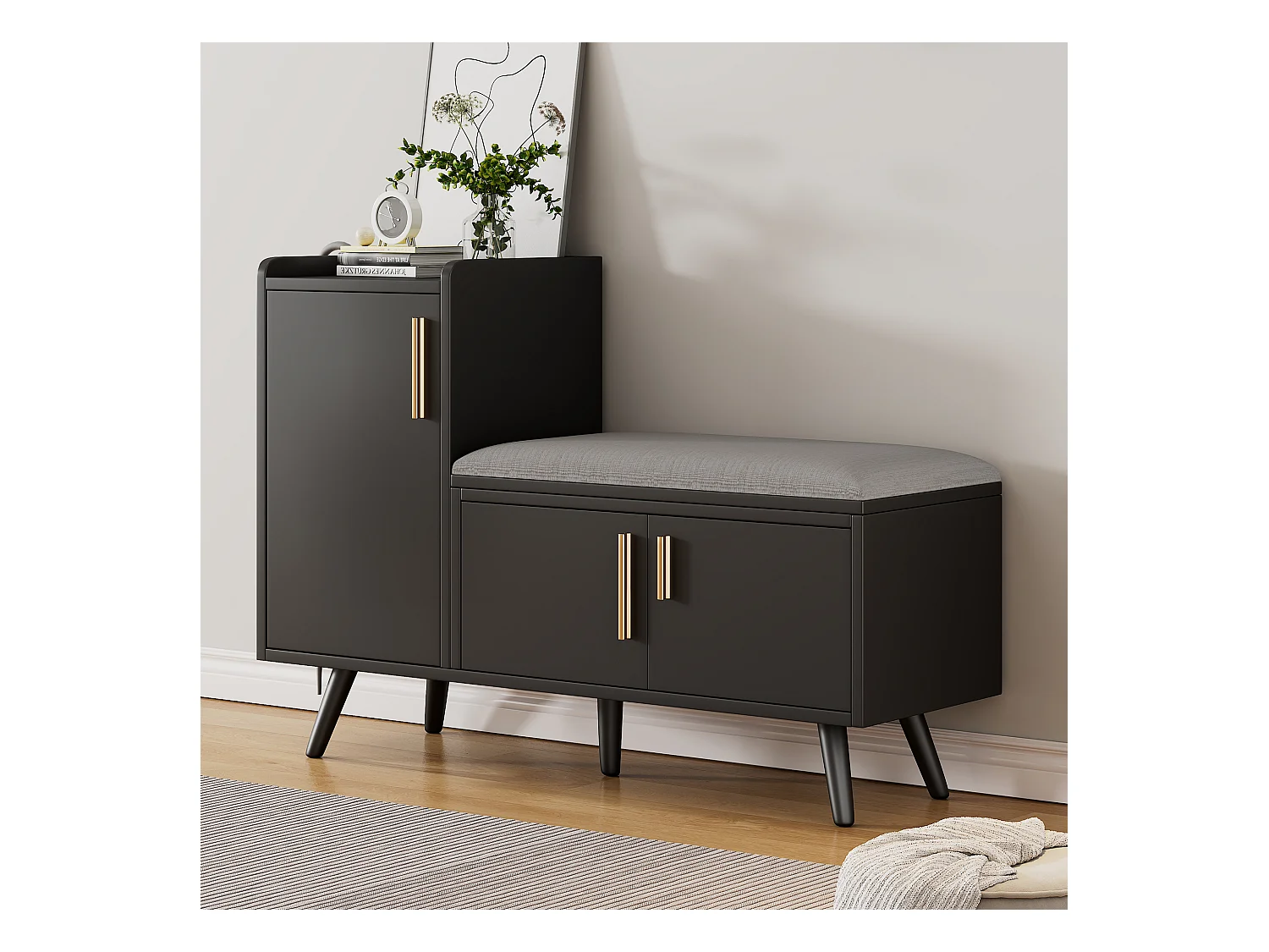 Schoenenkast 100x34x69 cm met drie opbergdeuren, spaanplaat in zwart, voor woonkamer