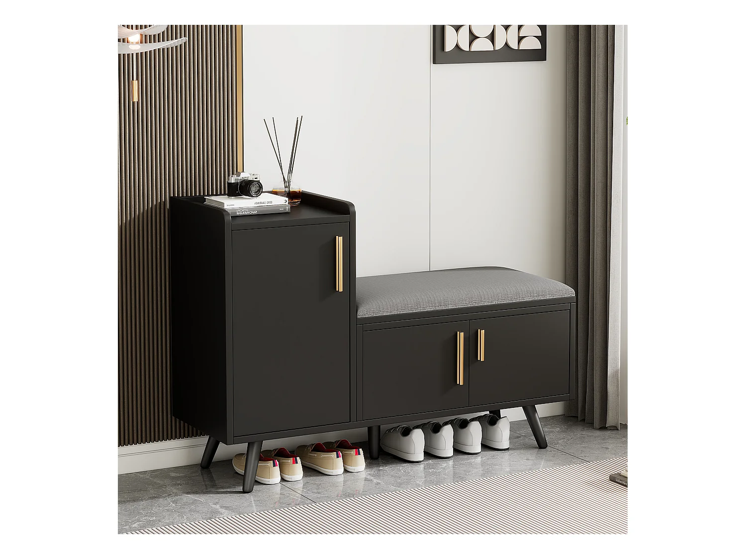 Schoenenkast 100x34x69 cm met drie opbergdeuren, spaanplaat in zwart, voor woonkamer