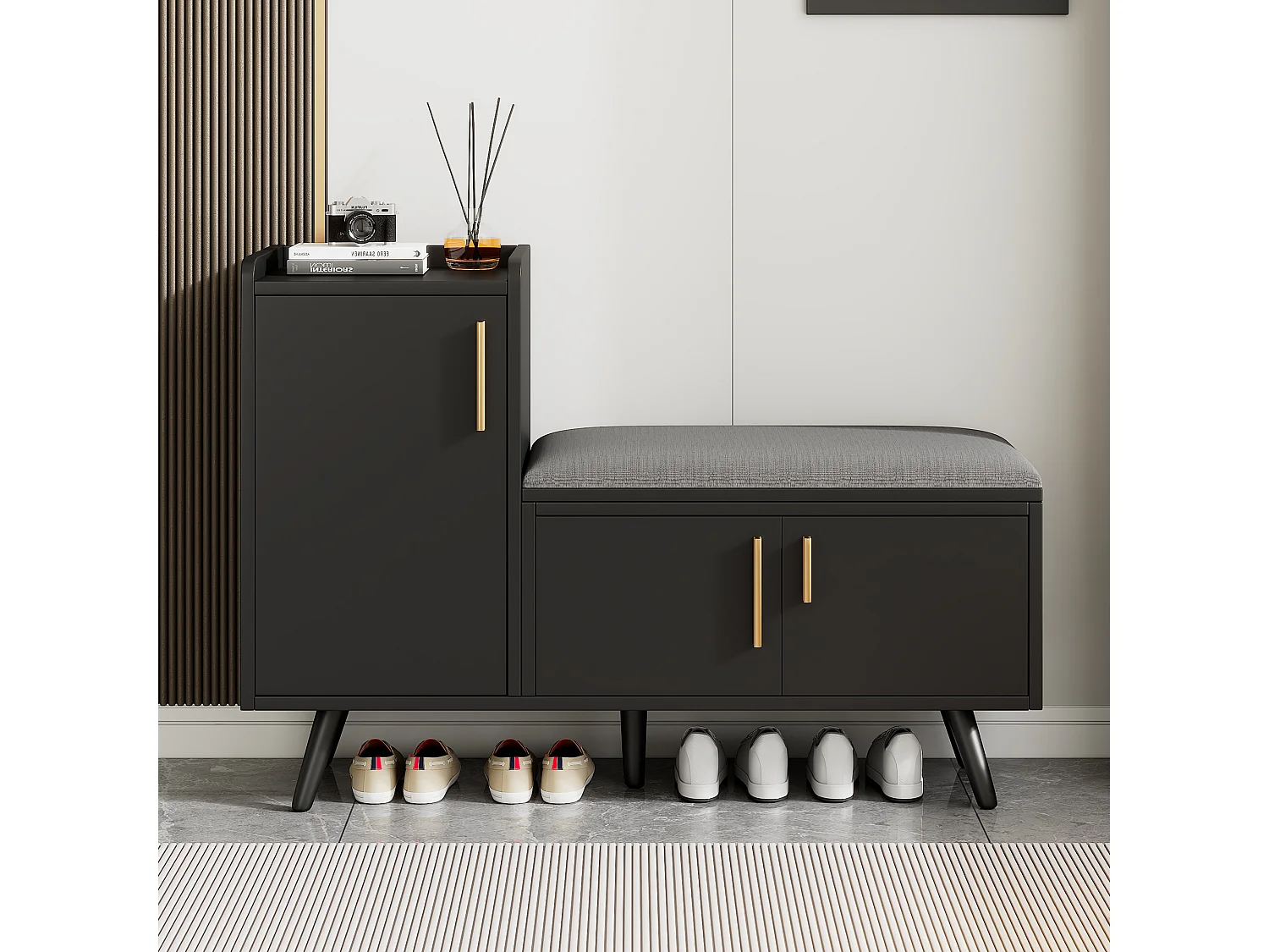 Meuble à chaussures 100x34x69 cmavec trois portes de rangement panneaux de particules en noir pour salon