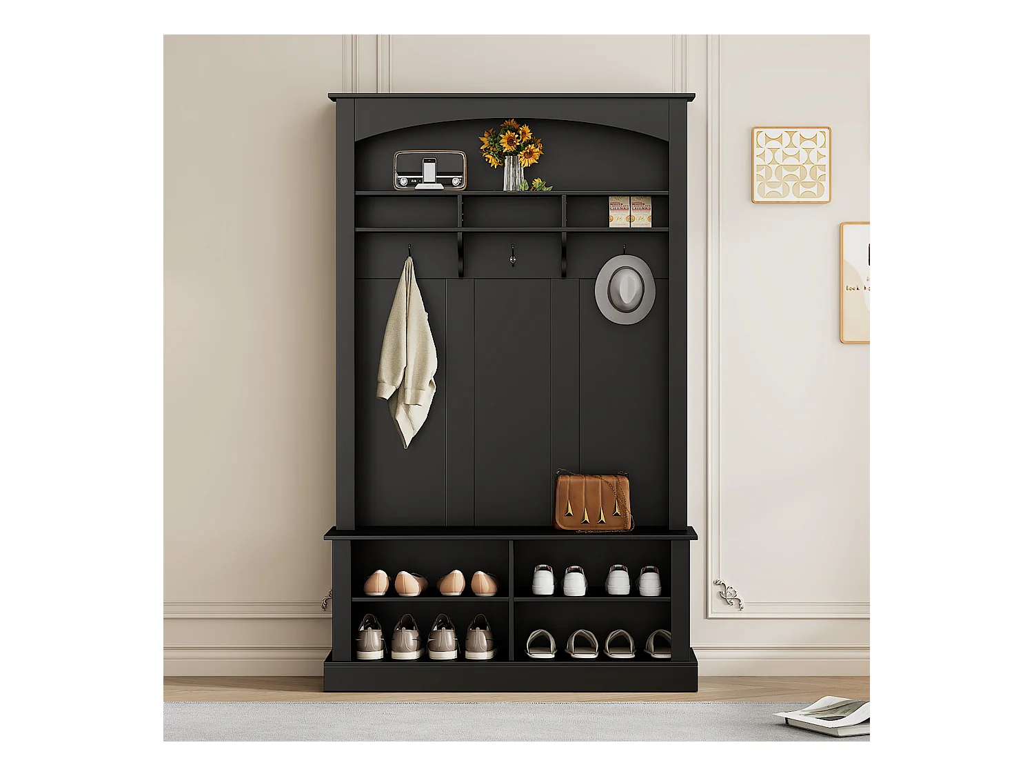 120x40x190 cm halmeubelset met schoenenrek en bank. Zwarte spaanplaat voor de woonkamer.