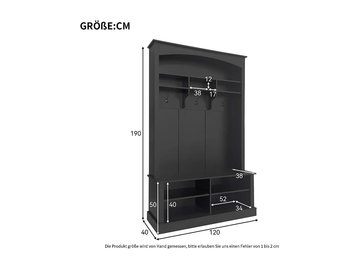 Entree-garderobe set 120x40x190 cm, 3-in-1, verstelbare planken, plank en haken, spaanplaat, zwart