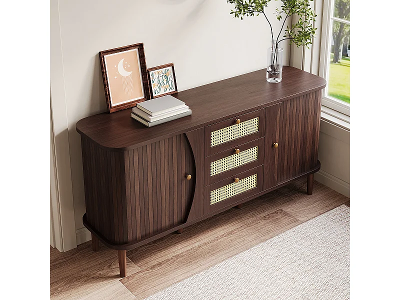 Buffet 140.5x40x76 cm avec tiroirs et étagères réglables panneaux de particules en Couleur naturelle pour salon