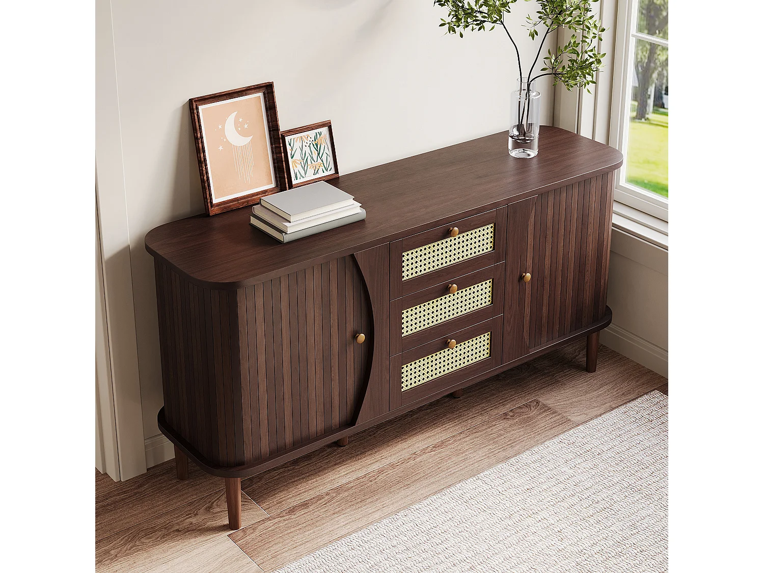 Buffet 140.5x40x76 cm avec tiroirs et étagères réglables panneaux de particules en Couleur naturelle pour salon