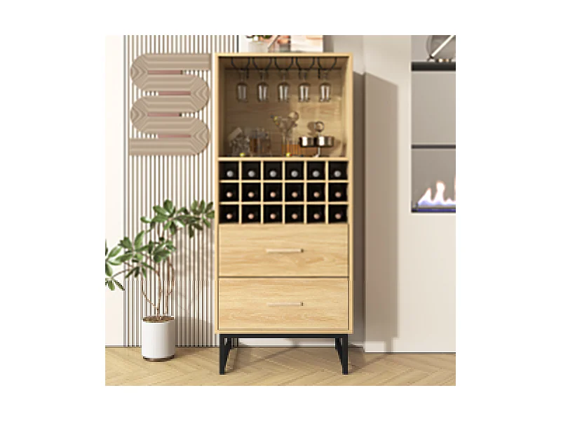 Buffet avec 2 tiroirs, 18 étagères et porte-verres à vin, naturel+ noir