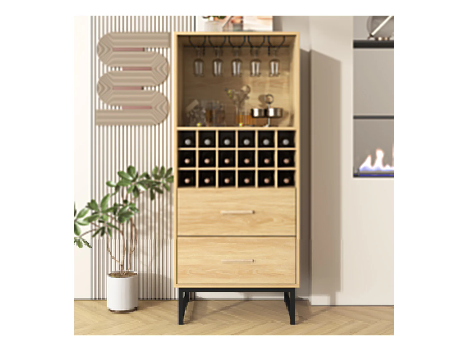 Buffet avec 2 tiroirs, 18 étagères et porte-verres à vin, naturel+ noir