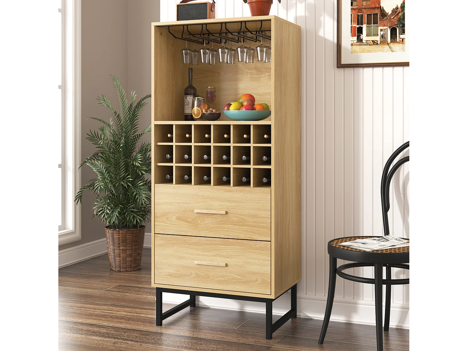 Buffet avec 2 tiroirs, 18 étagères et porte-verres à vin, naturel+ noir