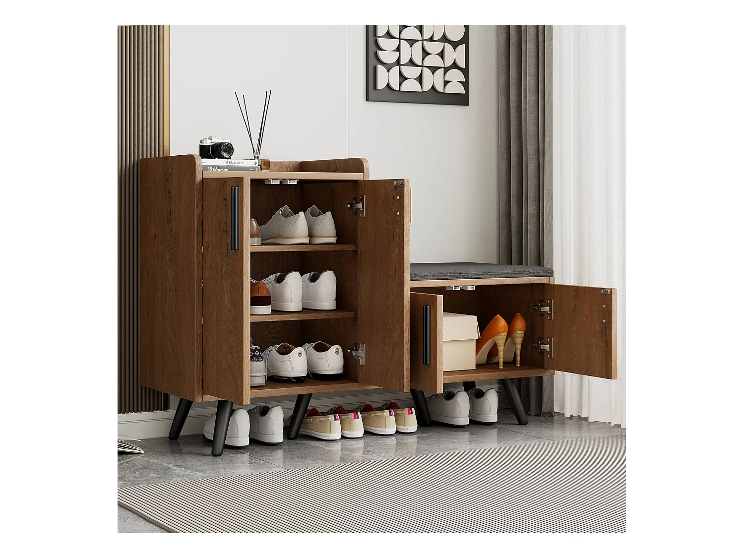 Meuble à chaussures 120x34x82.8 cm avec quatre portes de rangement panneaux de particules Couleur naturelle pour salon