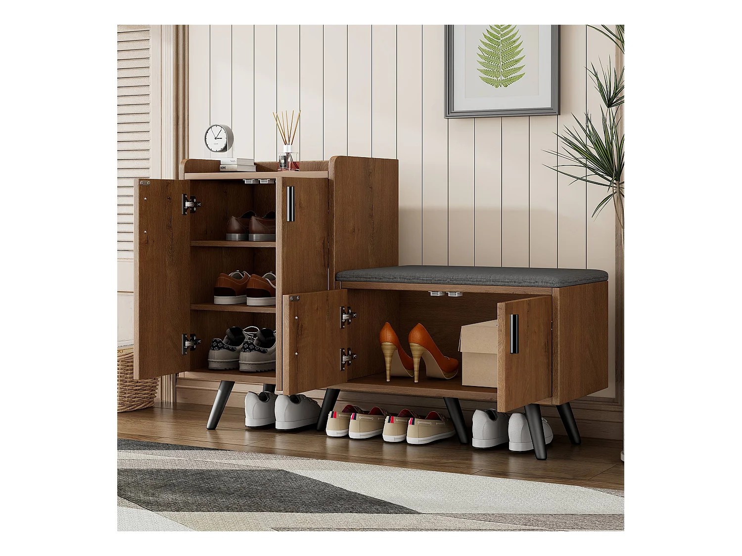 Meuble à chaussures 120x34x82.8 cm avec quatre portes de rangement panneaux de particules Couleur naturelle pour salon