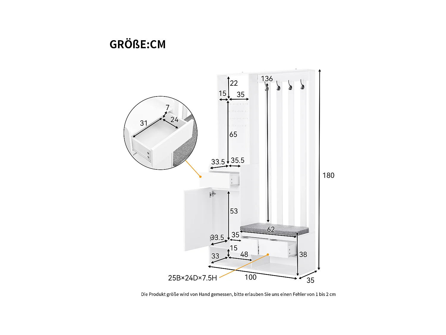 Halmeubelset 100x35x180 met lades en opbergkasten. Gemaakt van wit MDF, geschikt voor woonkamer en hal.