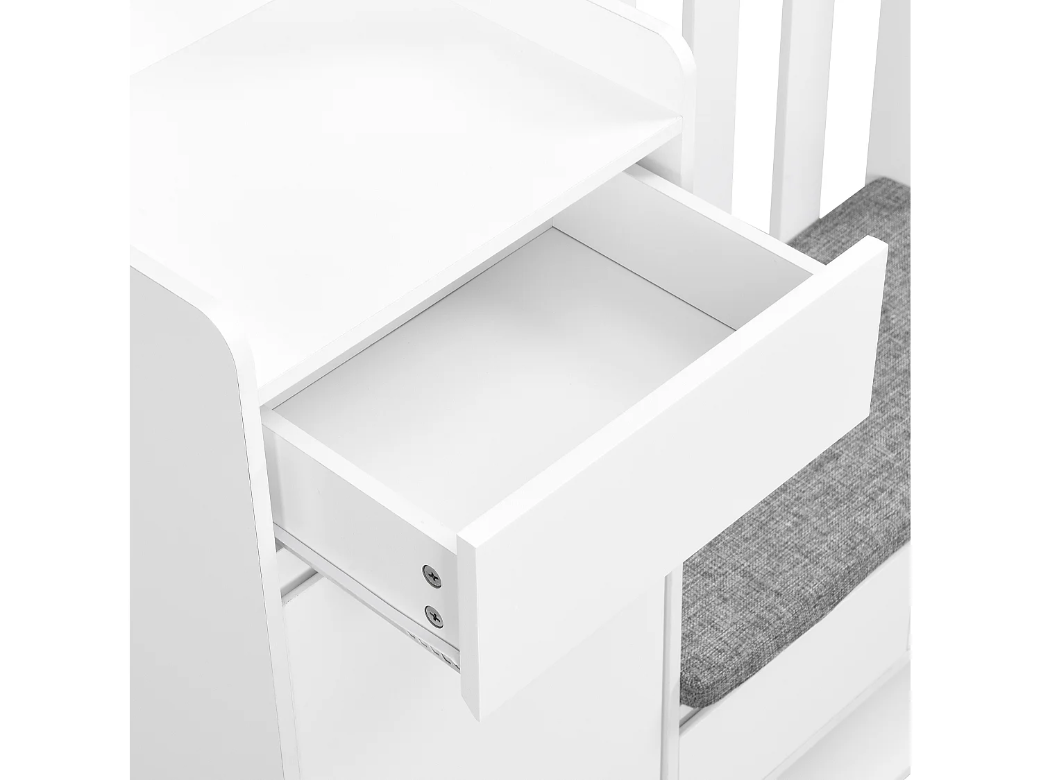 Halmeubelset 100x35x180 met lades en opbergkasten. Gemaakt van wit MDF, geschikt voor woonkamer en hal.