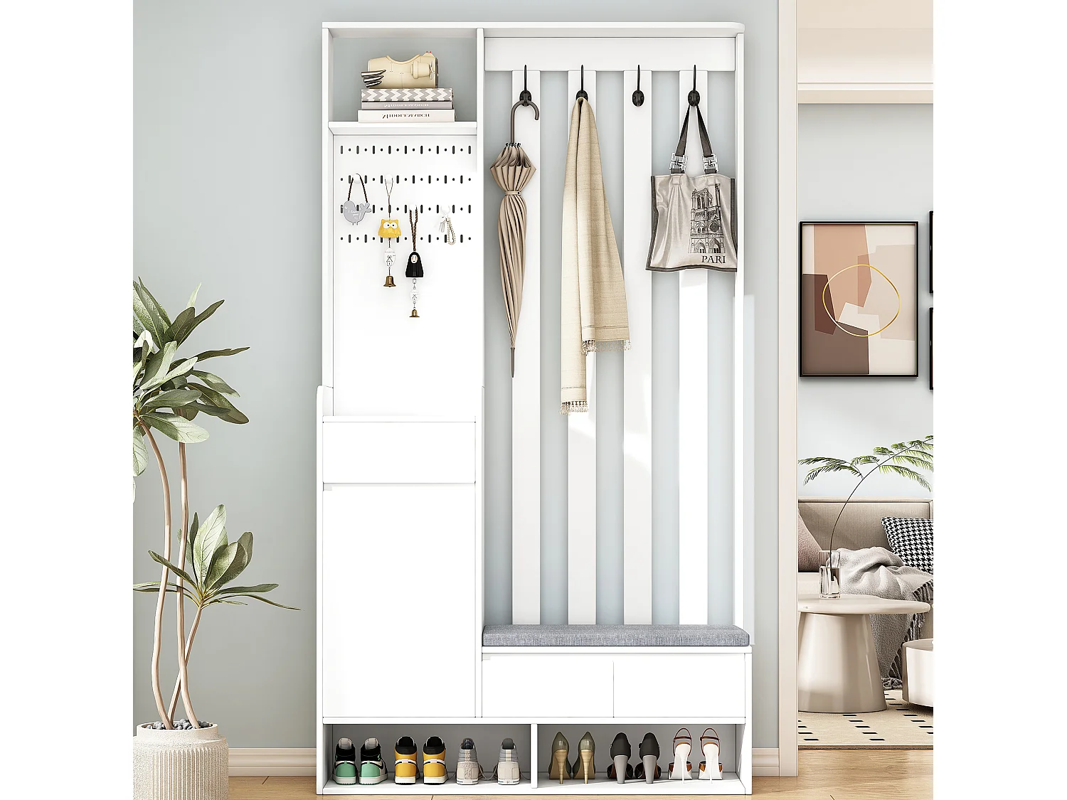 Halmeubelset 100x35x180 met lades en opbergkasten. Gemaakt van wit MDF, geschikt voor woonkamer en hal.