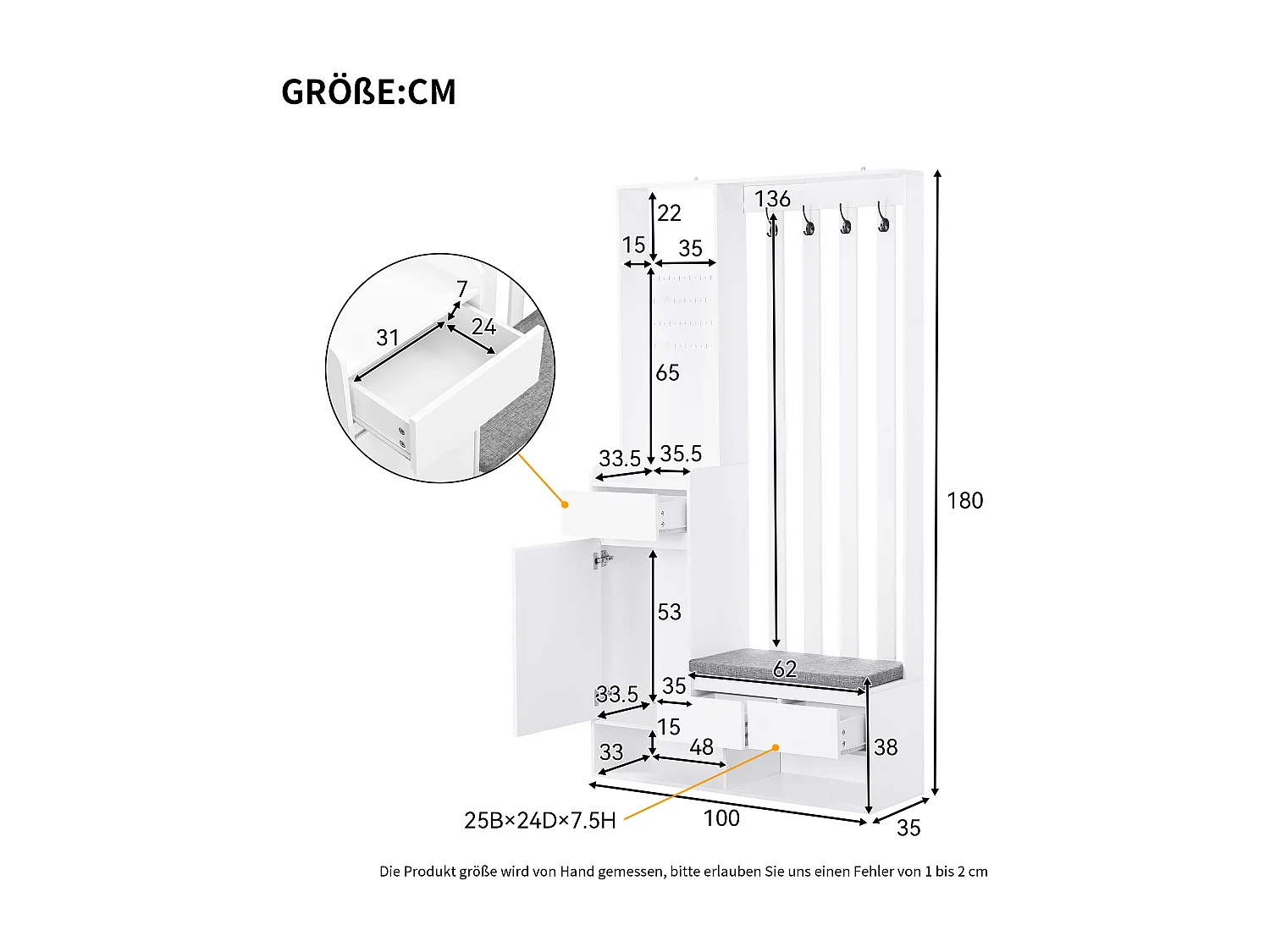 Ensemble de meubles d'entrée 100x35x180 avec tiroirs et armoires de rangement Matériau MDF en blanc pour salon et couloir