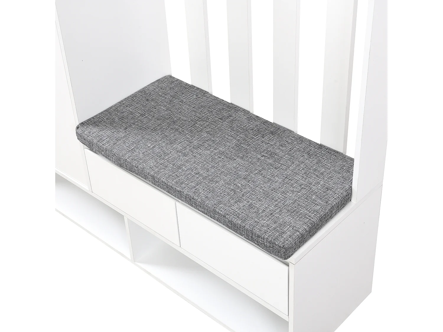 Meuble d'entrée 100x35x180 cm, 6 en 1 avec banc coussiné et panneau perforé, 4 crochets, MDF blanc