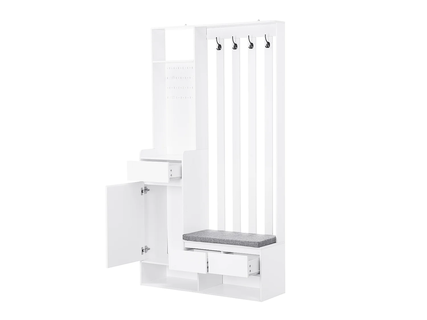 Entree-meubel 100x35x180 cm, 6-in-1 met bank met kussen en geperforeerd paneel, 4 haken, wit MDF