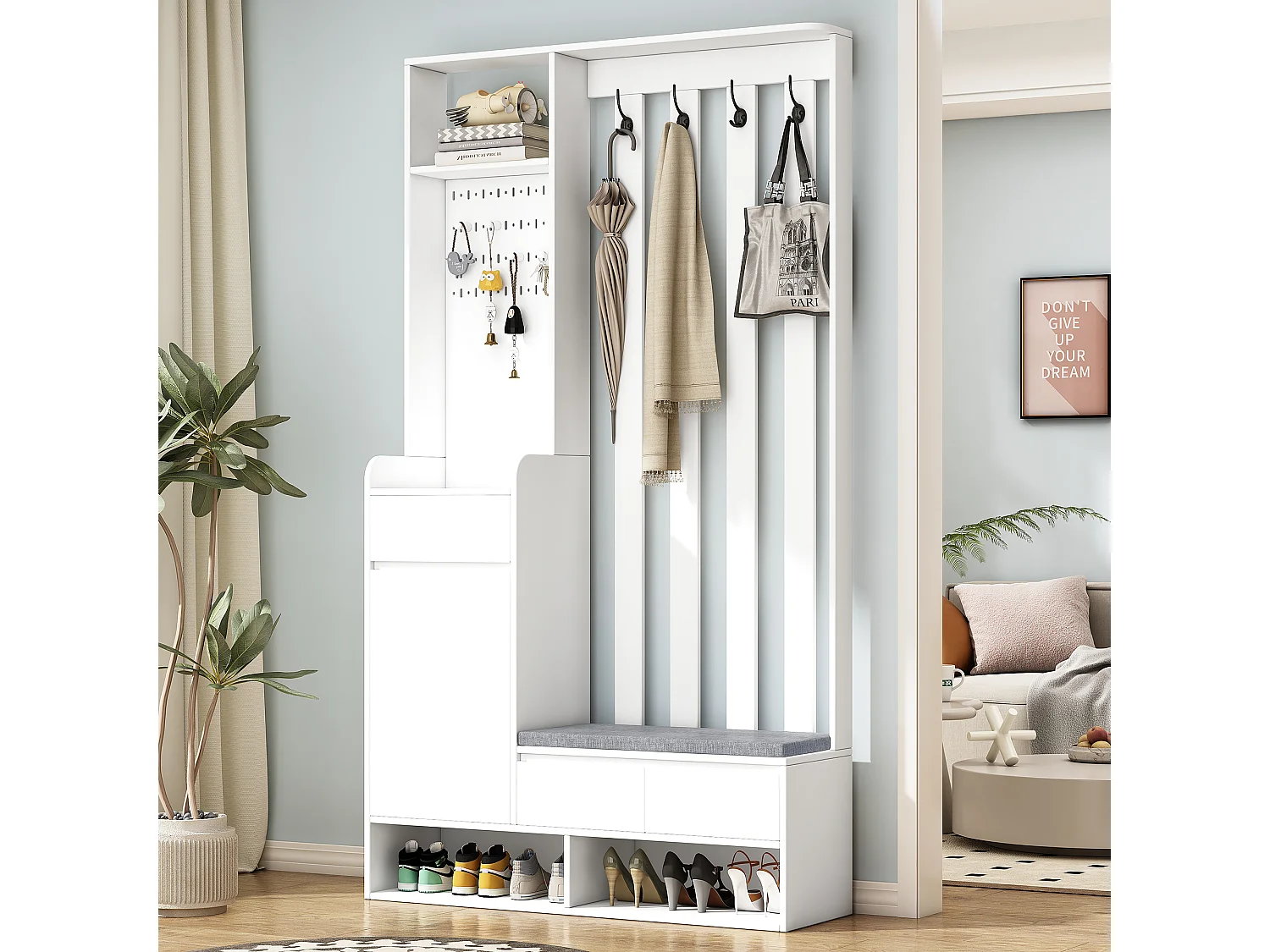 Entree-meubel 100x35x180 cm, 6-in-1 met bank met kussen en geperforeerd paneel, 4 haken, wit MDF