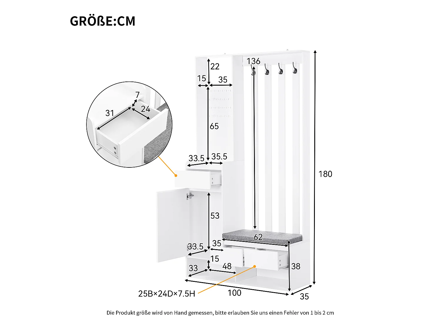Entree-meubel 100x35x180 cm, 6-in-1 met bank met kussen en geperforeerd paneel, 4 haken, wit MDF