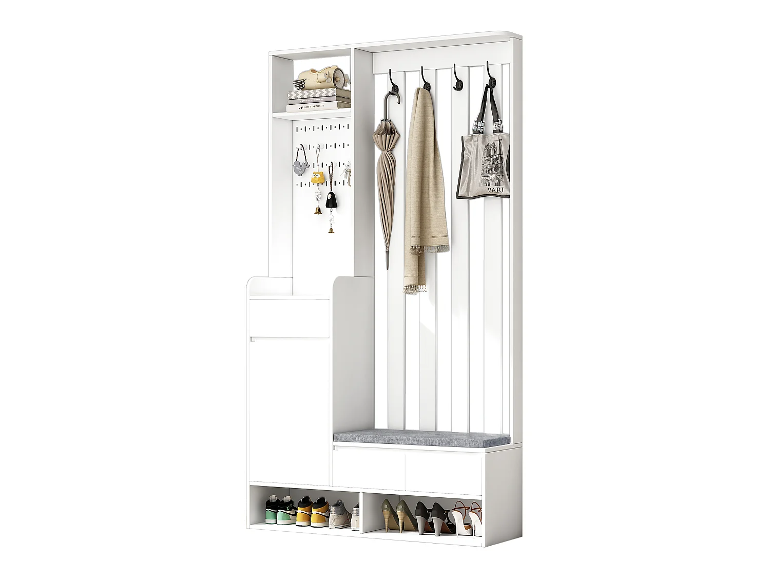 Entree-meubel 100x35x180 cm, 6-in-1 met bank met kussen en geperforeerd paneel, 4 haken, wit MDF