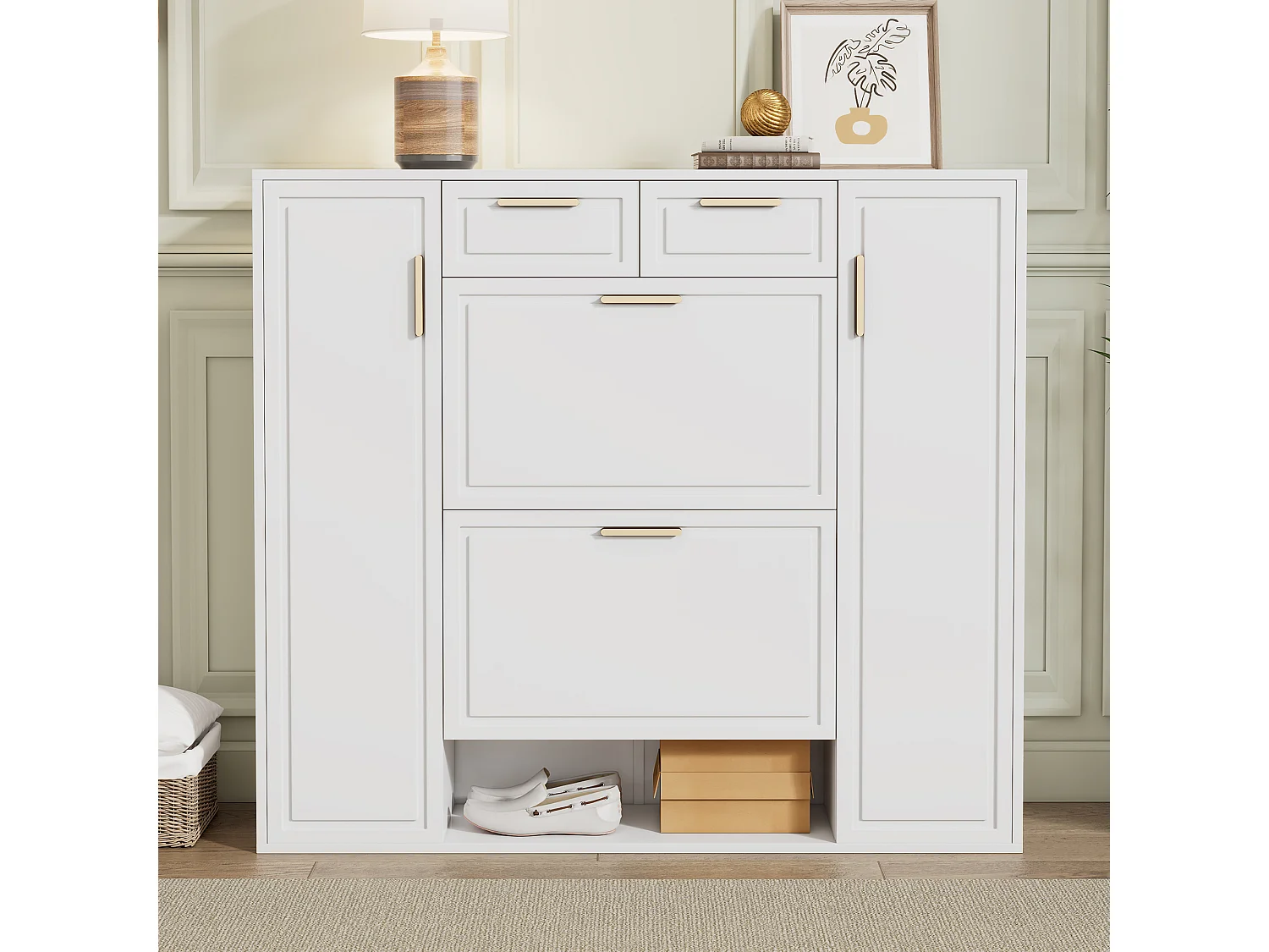 Meuble à chaussures 120x24x107 cm, étagères réglables, 2 tiroirs, rangement ouvert, MDF et panneaux de particules blanc