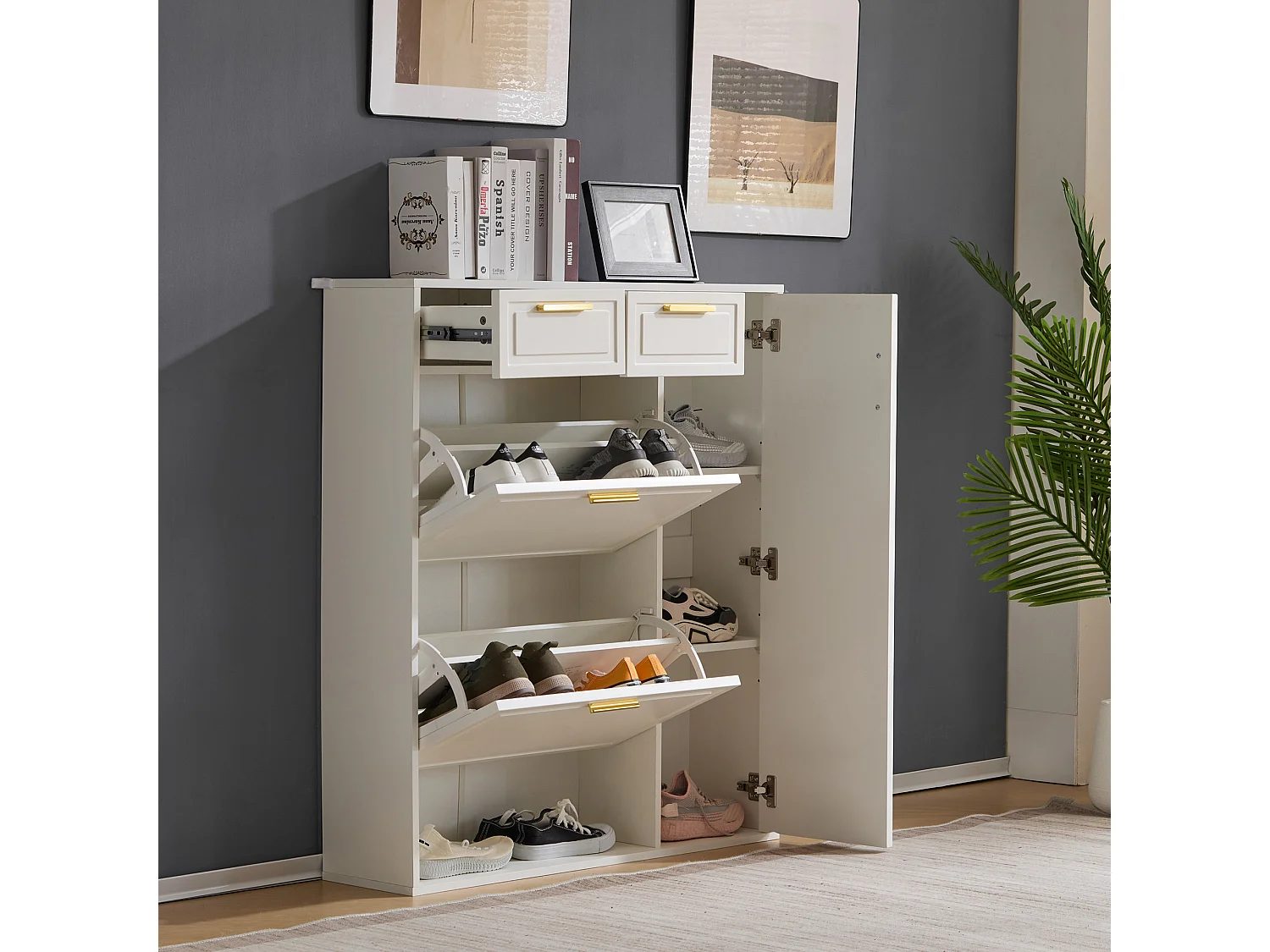 Meuble à chaussures 95x24x107.5 cm avec cloison réglable panneaux de particules en blanc pour Salon et couloir