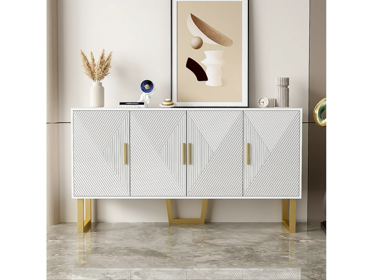 Buffet 150x40x82 cm, 4 portes, étagères réglables, finition brillante texturée, MDF et panneaux de particules blanc