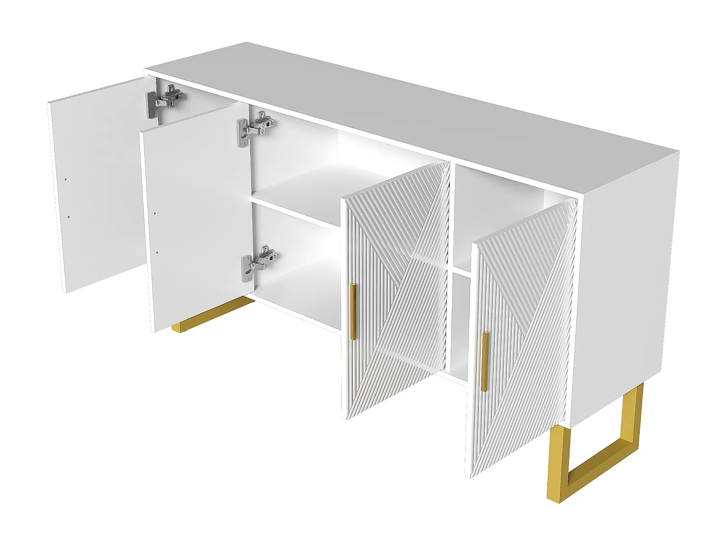 Buffet 150x40x82 cm, 4 portes, étagères réglables, finition brillante texturée, MDF et panneaux de particules blanc