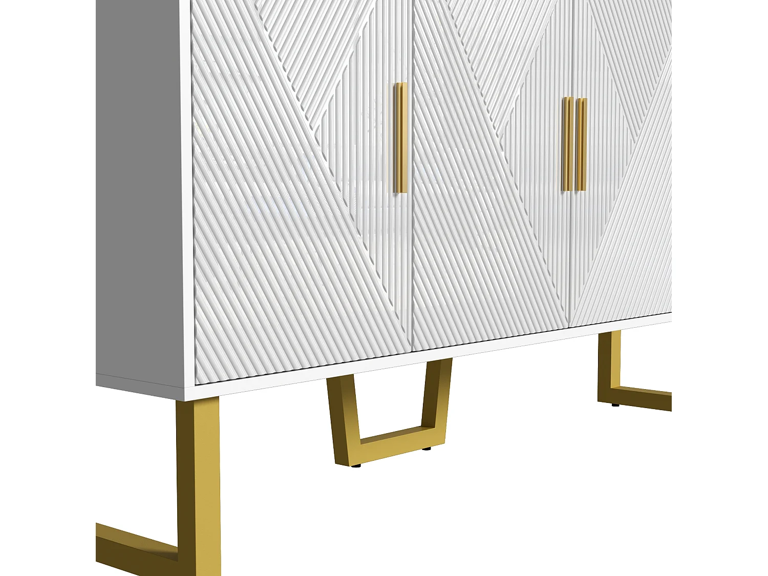 Buffet 150x40x82 cm, 4 portes, étagères réglables, finition brillante texturée, MDF et panneaux de particules blanc