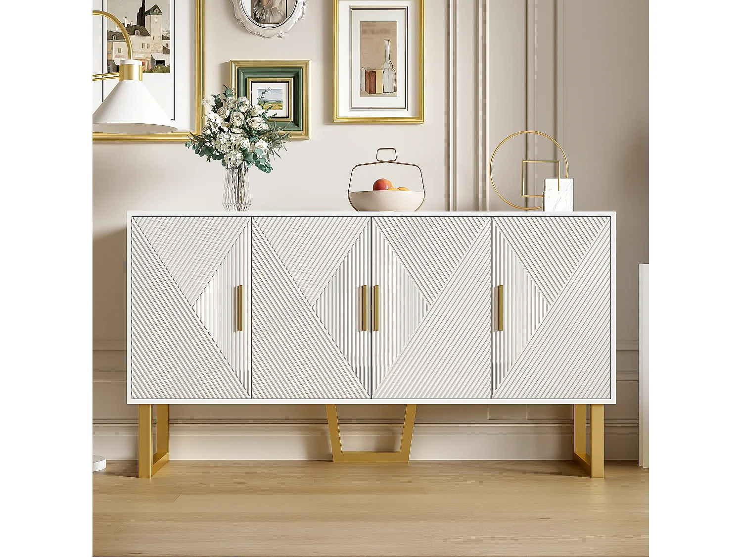 Buffet 150x40x82 cm, 4 portes, étagères réglables, finition brillante texturée, MDF et panneaux de particules blanc