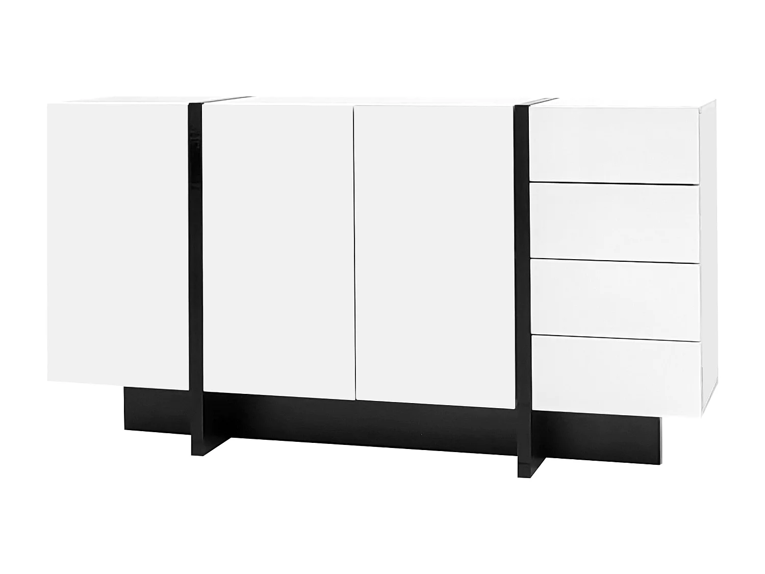 Buffet 150x40x80.5 cm, 2 portes et 4 tiroirs, surface brillante facile à nettoyer, MDF et panneaux de particules, blanc et noir