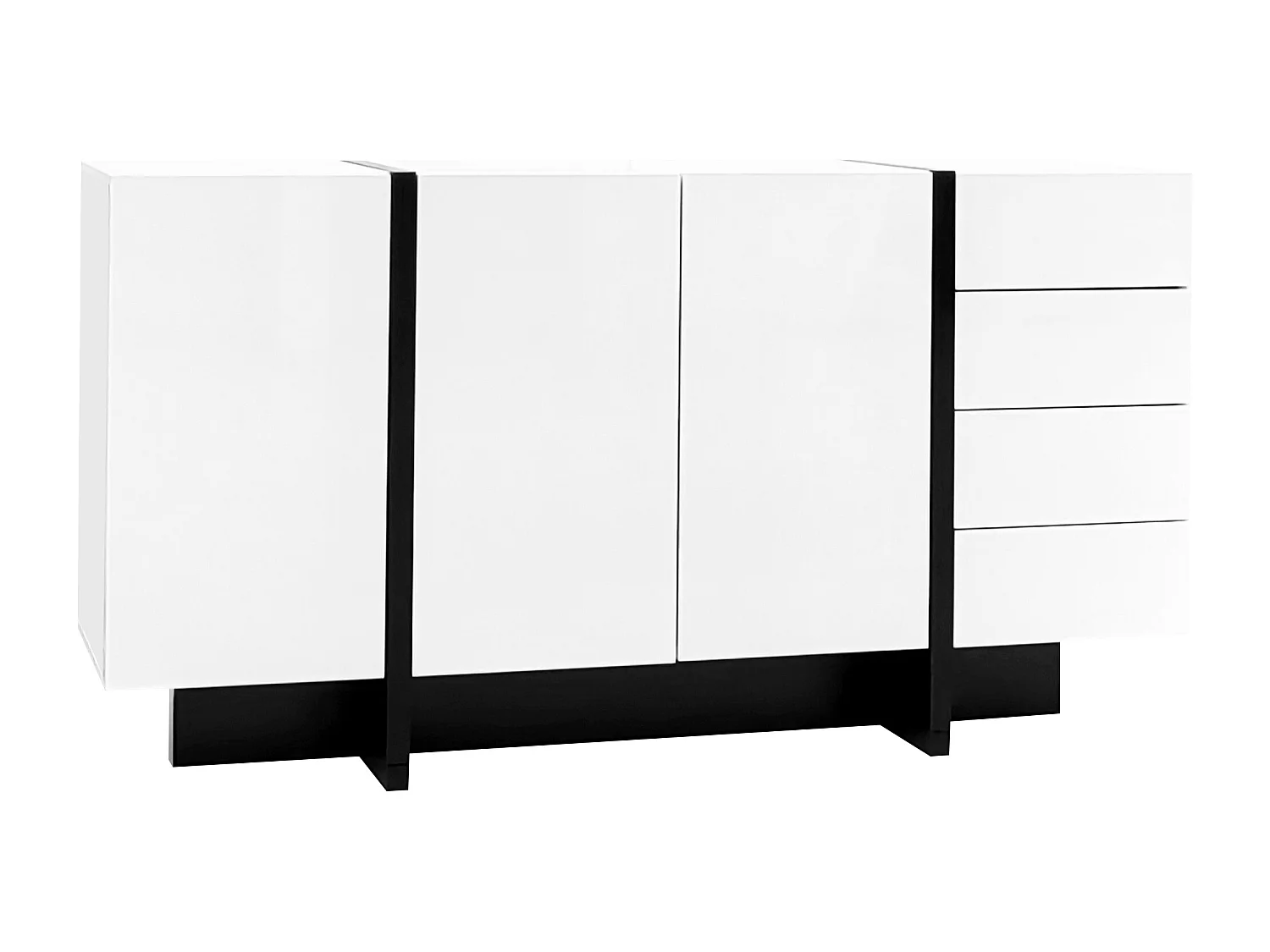 Buffet 150x40x80.5 cm, 2 portes et 4 tiroirs, surface brillante facile à nettoyer, MDF et panneaux de particules, blanc et noir