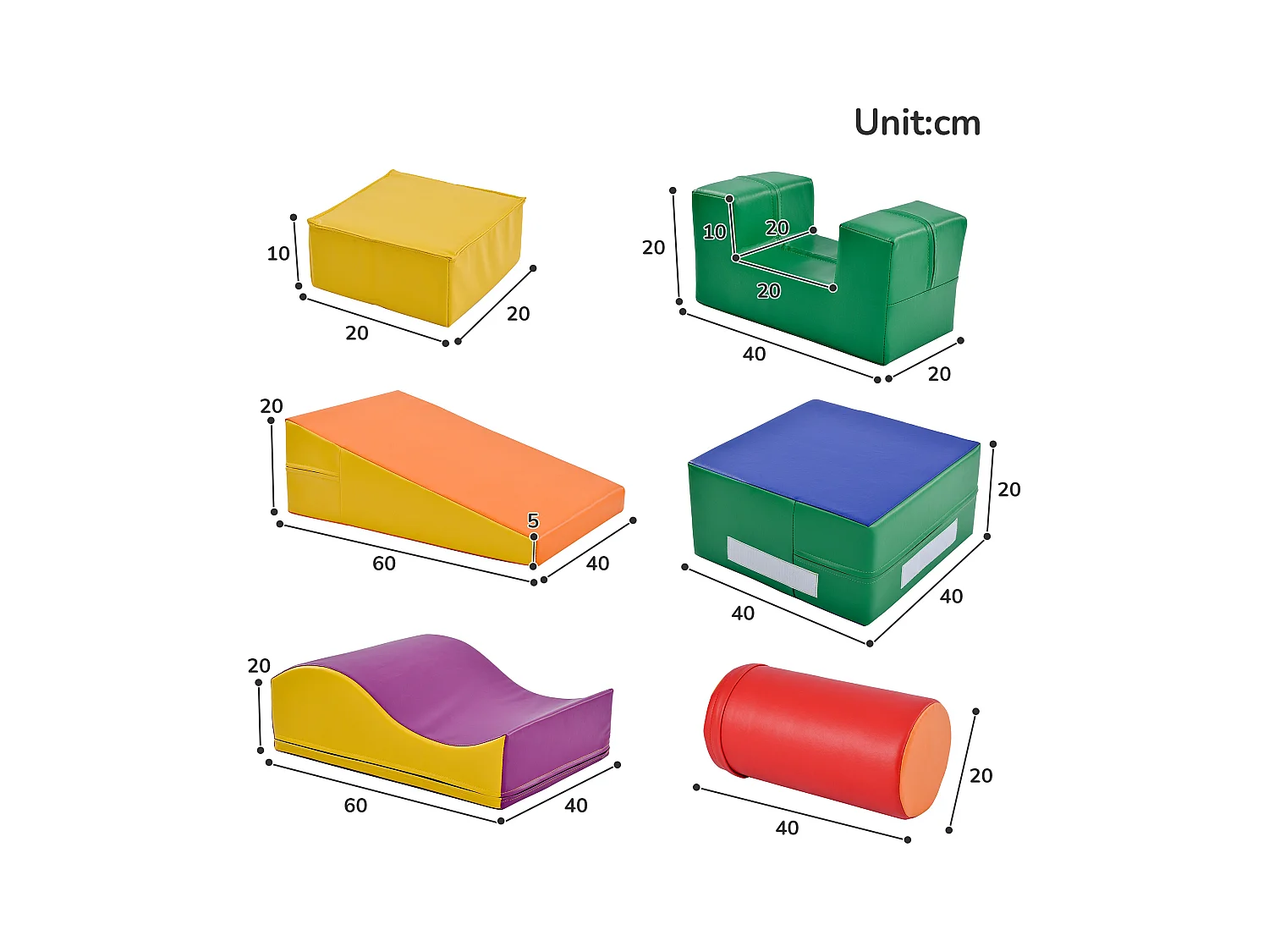 Blocs de mousse 60x40x20cm 6 Pièces Escalier et Toboggan pour Enfants Blocs de Construction Matériel PU couleur