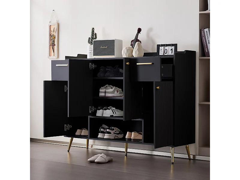 Schoenenkast 130x37x100 cm met twee lades en vier kastdeuren, spaanplaat in zwart, voor woonkamer