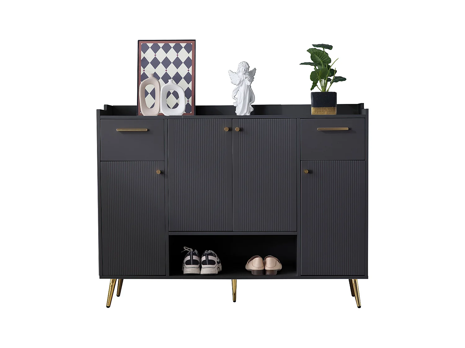 Schoenenkast 130x37x100 cm met twee lades en vier kastdeuren, spaanplaat in zwart, voor woonkamer