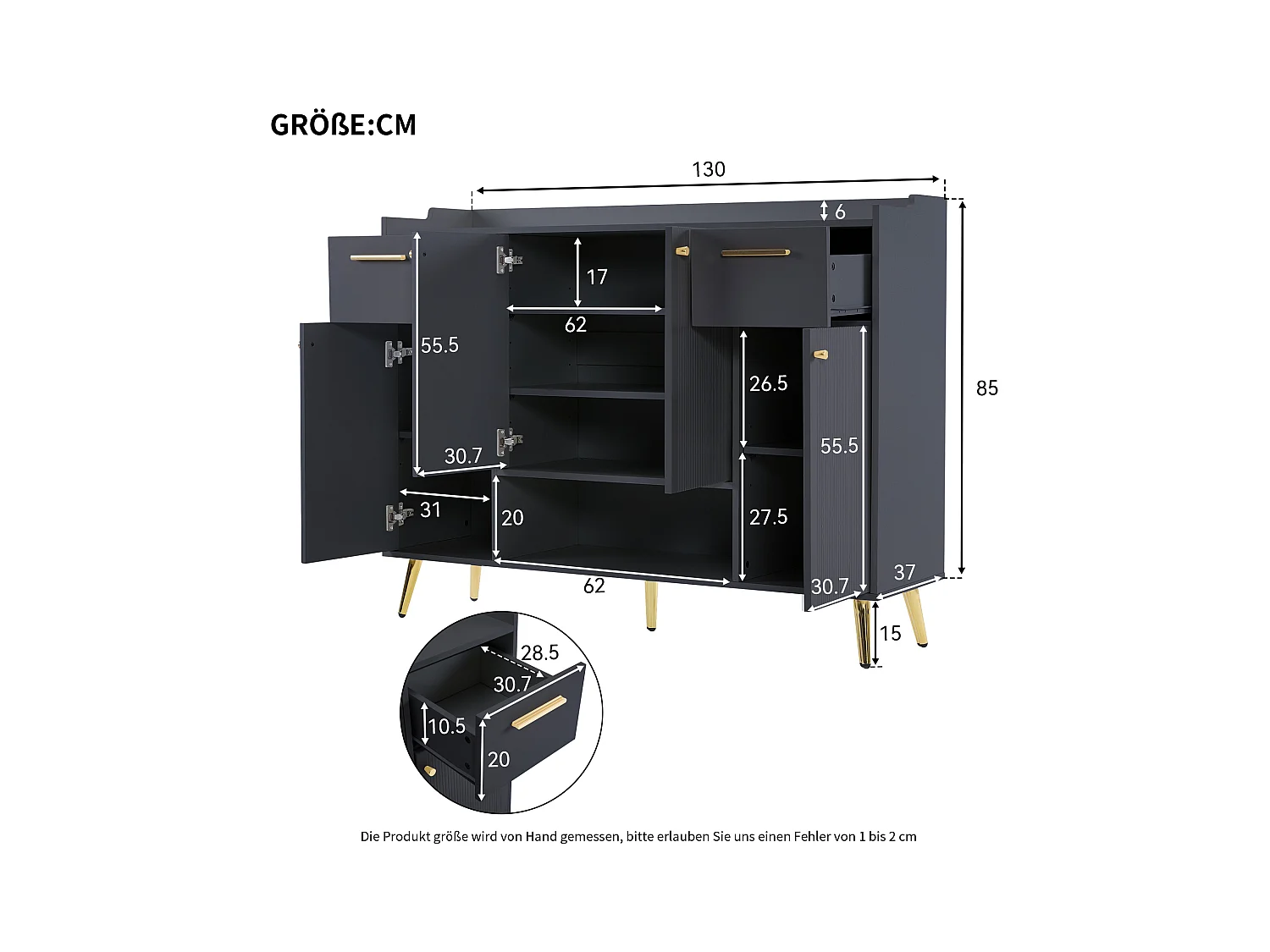 Schoenenkast 130x37x100 cm met twee lades en vier kastdeuren, spaanplaat in zwart, voor woonkamer